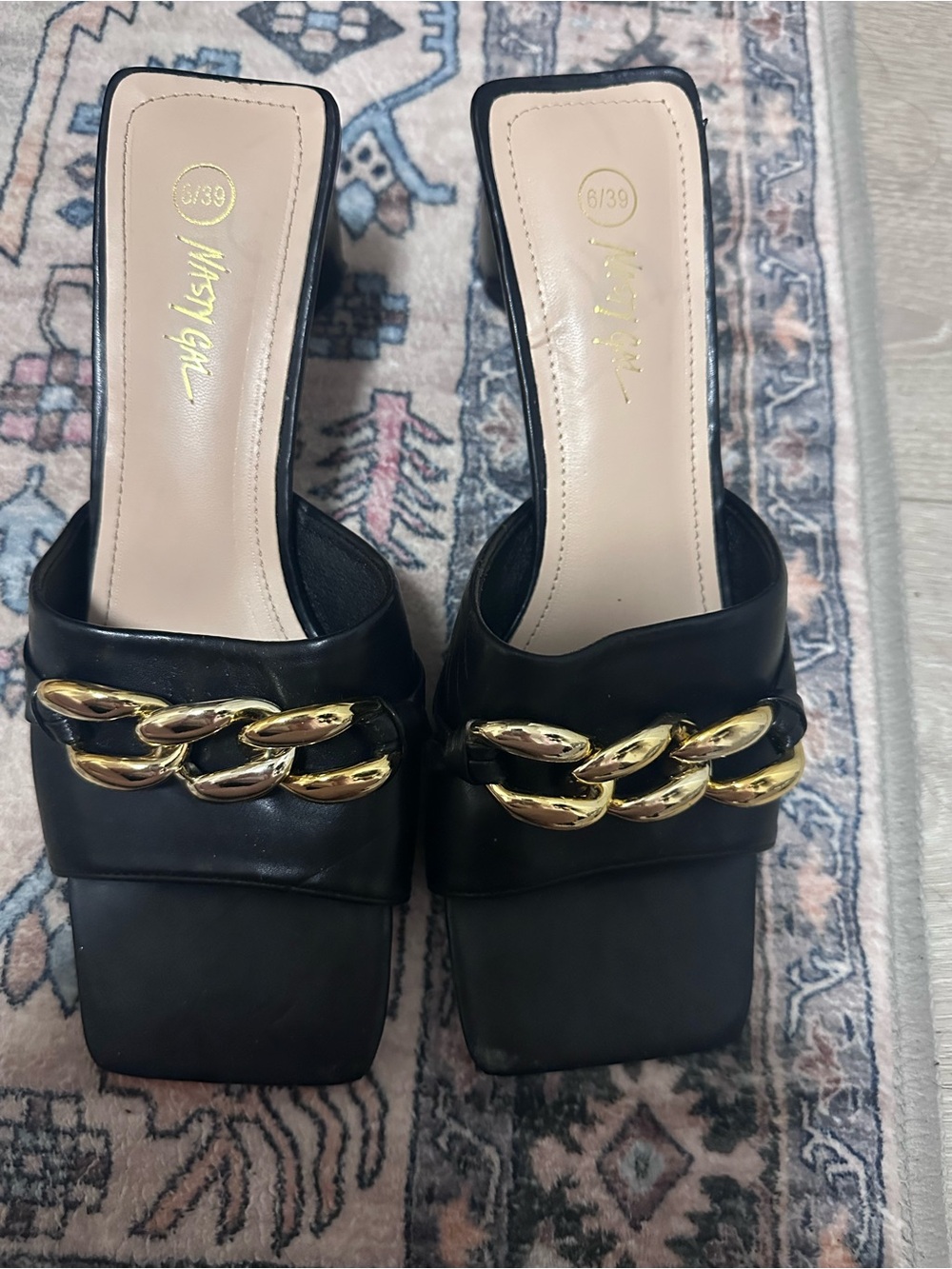 NASTY GAL Faux Leather Chain Front Block Heeled Mules